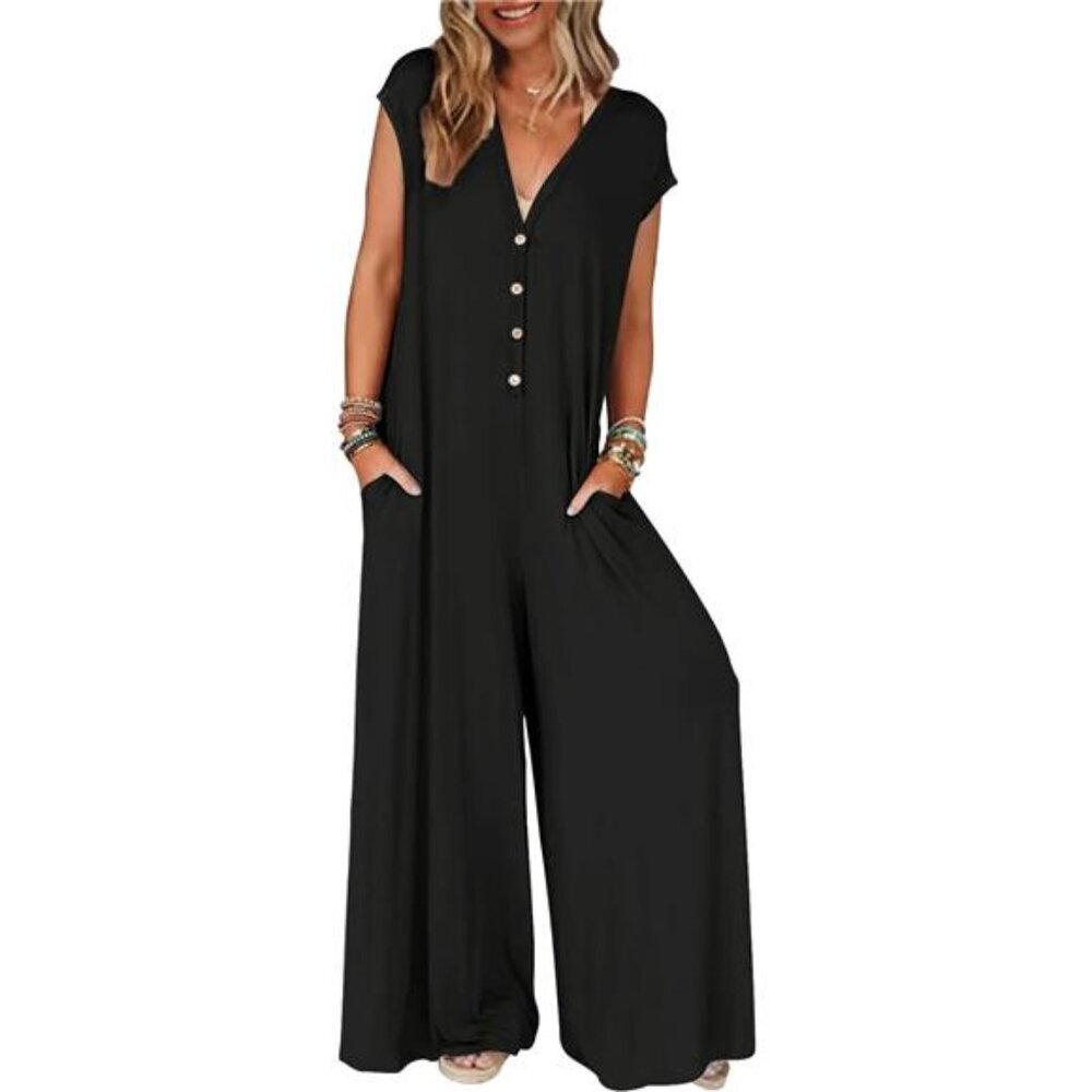 Women Cap Sleeve Jumpsuits Deep V Neck Button Onesie Wide Leg Pants Rompers